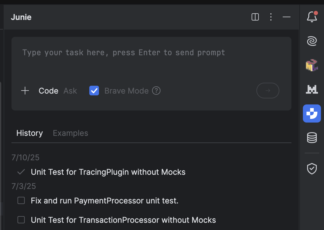 Junie's toolbar inside the IDE